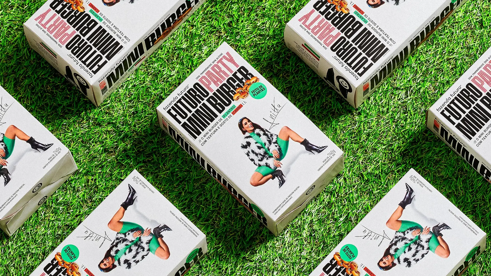Futuro Mini Burger packaging featuring Anitta on grass