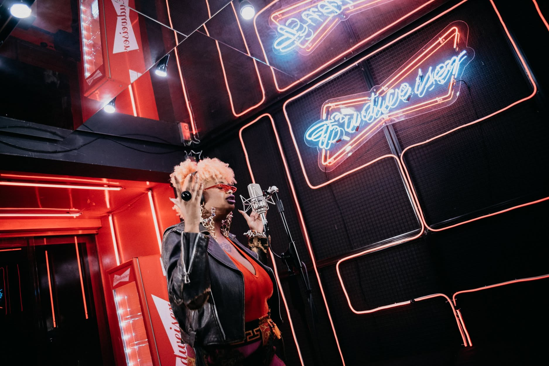 Vocalist recording in the Budweiser B-Side Studio